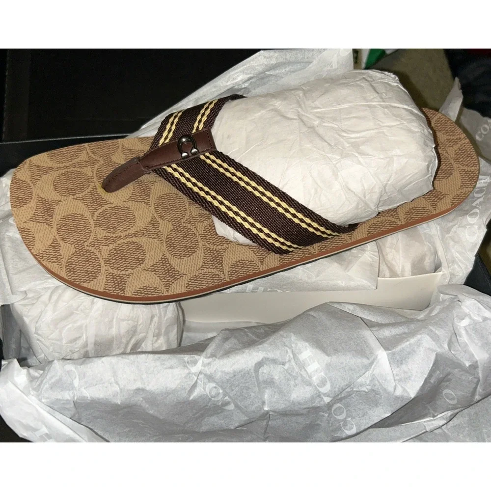 Coach Men's 8-M Webbing Flip Flop Tan Signature C8896